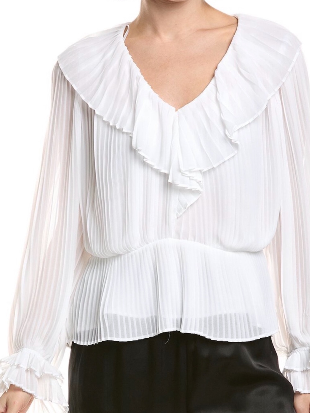 Vince Camuto White Pleated Ruffle V-Neck Blouse